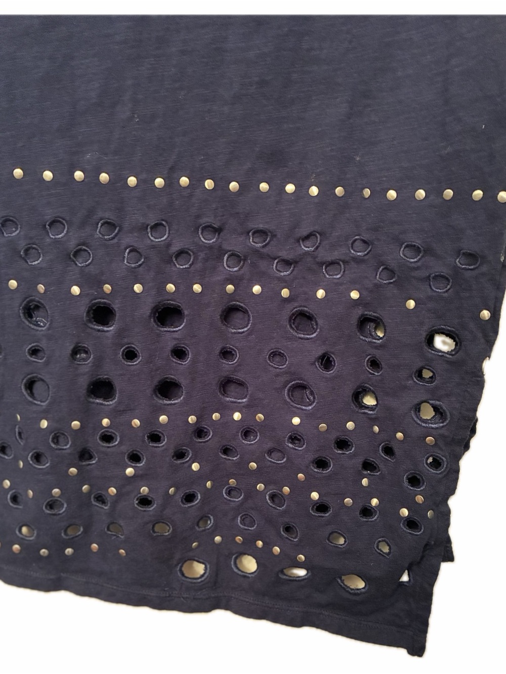 NEON BUDDHA Heartbeat Navy Studded Eyelet Asymmetrical Shift Dress L Lagenlook - Picture 13 of 16